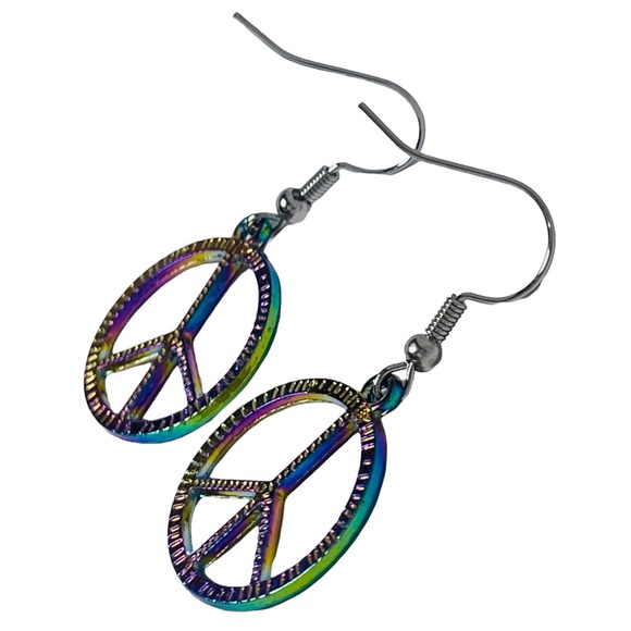 Rainbow shiny peace sign earrings NEW - Picture 5 of 6